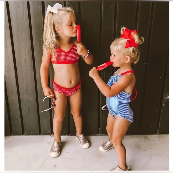 Girls Blue and White Striped Swimsuit - Picture 4 of 5